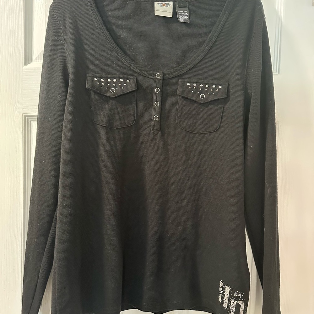 Black Long Sleeve Top with Studded Pockets